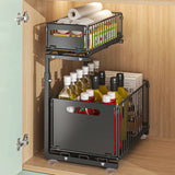 2-Tier Pull Out Kitchen Storage Basket Carbon Steel – Adjustable Under Sink Organizer | Sliding Drawer Rack | Space Saving Design