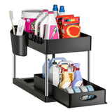 Under Sink Sliding Organizer Rack Premium – Pull Out Cabinet Basket with Hooks | Space Saving Storage | Kitchen & Bathroom Organizer