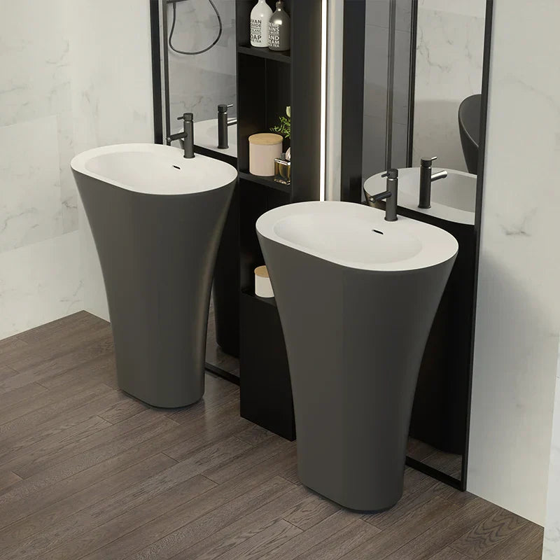 PureStone Freestanding Solid Surface Pedestal Sink – Modern Matte or Gloss Black/White Bathroom Basin