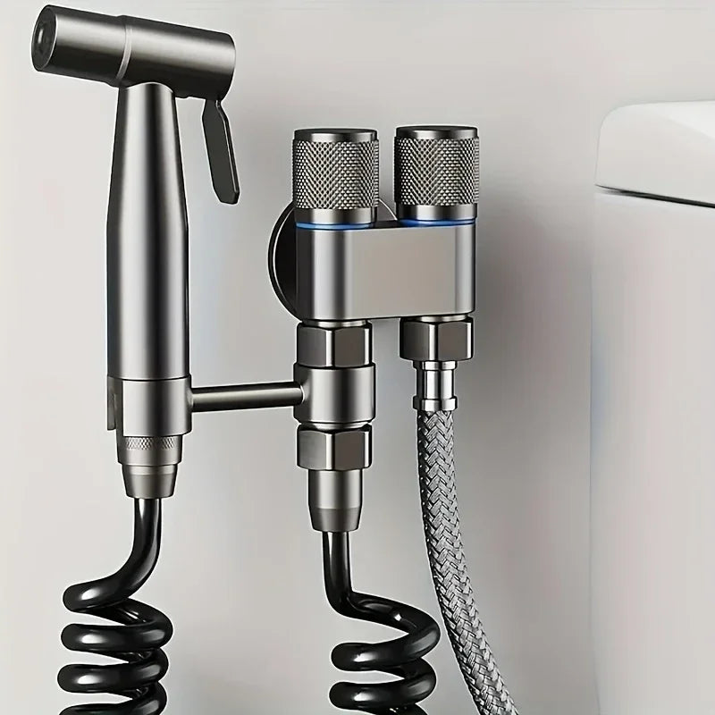 Dual Outlet Wall-Mounted Bidet Sprayer – Brushed Stainless Steel Bathroom Hygiene Set with Standard Thread