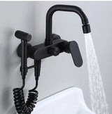AquaJet Wall-Mount Faucet – Black Brass, Warm & Cold Water, Side Sprayer for Kitchen, Sink, or Bathtub