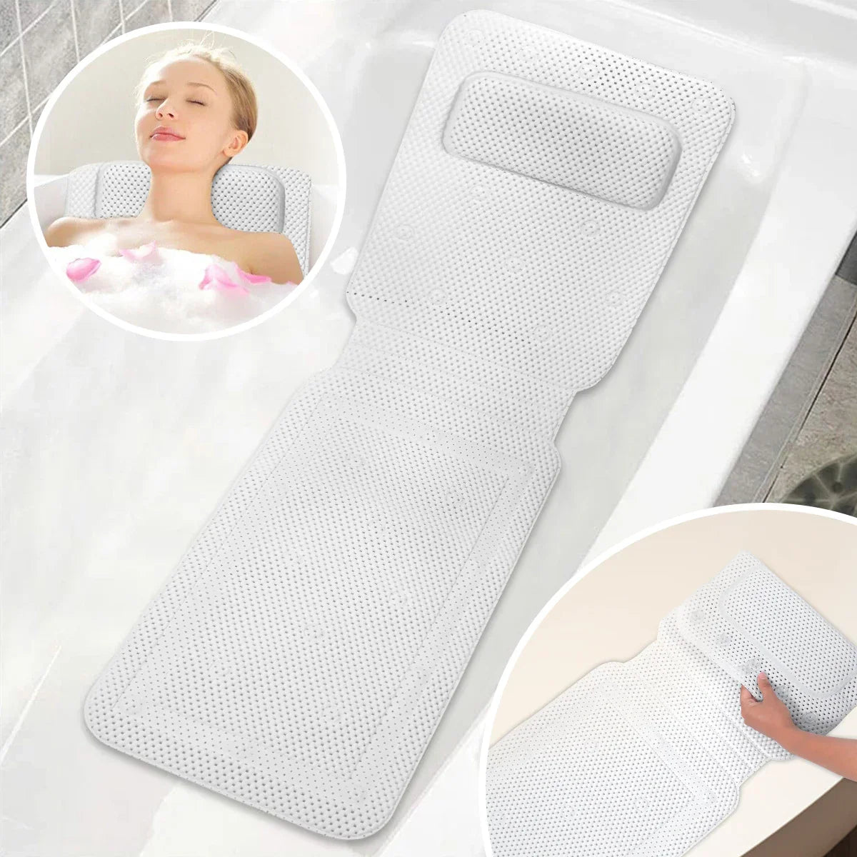 HydroComfort Non-Slip Bathtub Mat with Pillow – Full-Body Bath Cushion with Suction Cups & 4D Ventilation