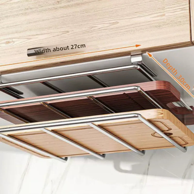 Under Cabinet Stainless Steel Cutting Board Holder Premium – Hanging Kitchen Organizer | Space Saving Storage Rack | Durable Metal Design