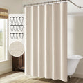 LuxeLinen SpaWeave Waterproof Shower Curtain – Thick Linen-Look Fabric, Hotel-Style Privacy, Beige + Metal Hooks Included
