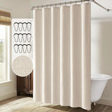 LuxeLinen SpaWeave Waterproof Shower Curtain – Thick Linen-Look Fabric, Hotel-Style Privacy, Beige + Metal Hooks Included