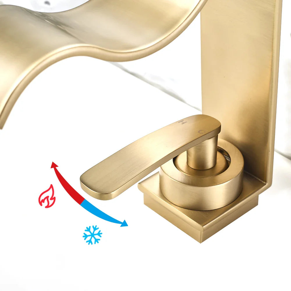 Elegant Gold Bathroom Sink Faucet with Waterfall Flow and Single Handle Control