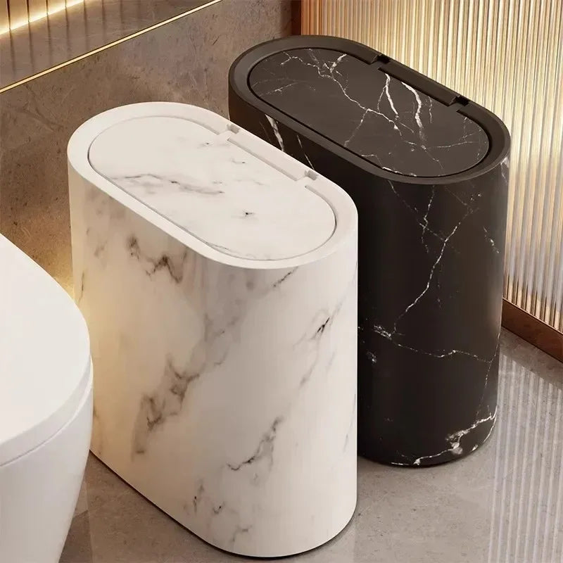 Nordic Marble Texture Wastebasket – Slim Push-Top Trash Can for Bathroom & WC