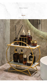 AureliaTower Premium 2-Tier Bathroom & Makeup Organizer – Gold/Black with Marble-Style Ceramic Trays