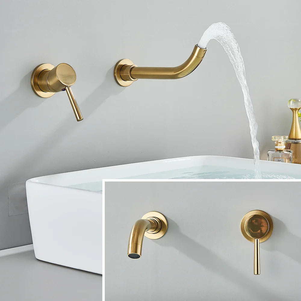 Aureva LuxaWall Elite – Brushed Gold Wall-Mount Concealed Bathroom Faucet | Solid Brass Luxury Sink faucet