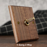 RetroLux Black Walnut Toggle Wall Switch – 1–4 Gang with Brass Lever & Optional USB