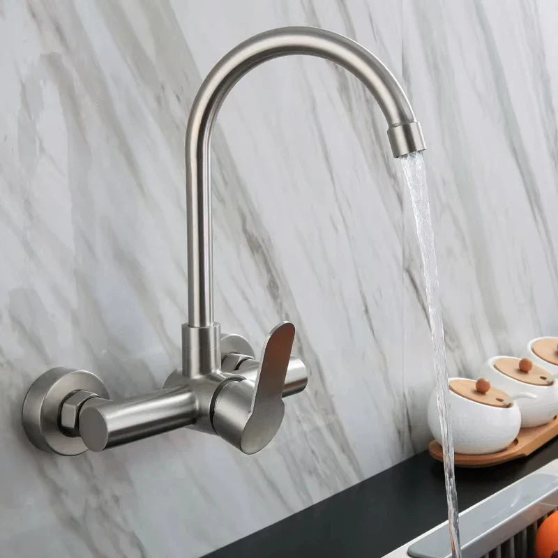 Wall Mounted Stainless Steel Kitchen Faucet with Flexible 360° Swivel Spout and Hot Cold faucet