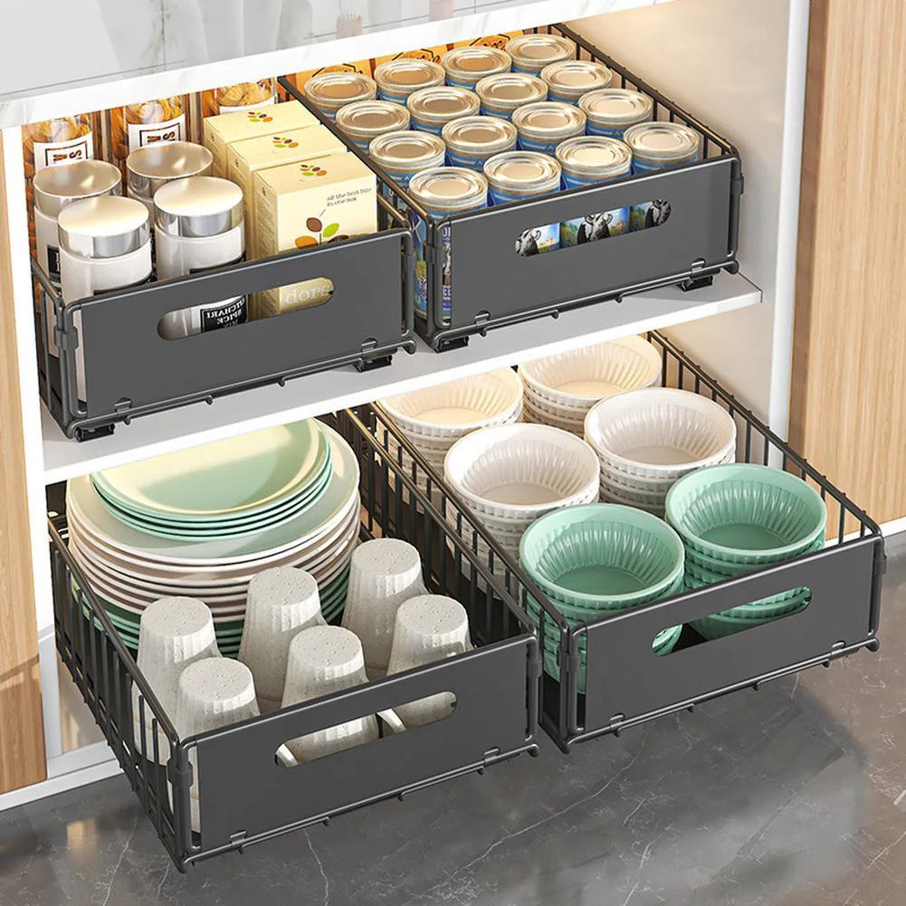 Pull-Out Metal Kitchen Storage Drawer Organizer Set – Sliding Spice Rack Trays | Space Saving Cabinet Storage | Easy Access Design