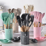 ChefEase – 12-Piece Silicone Kitchen Utensil Set with Wooden Handles
