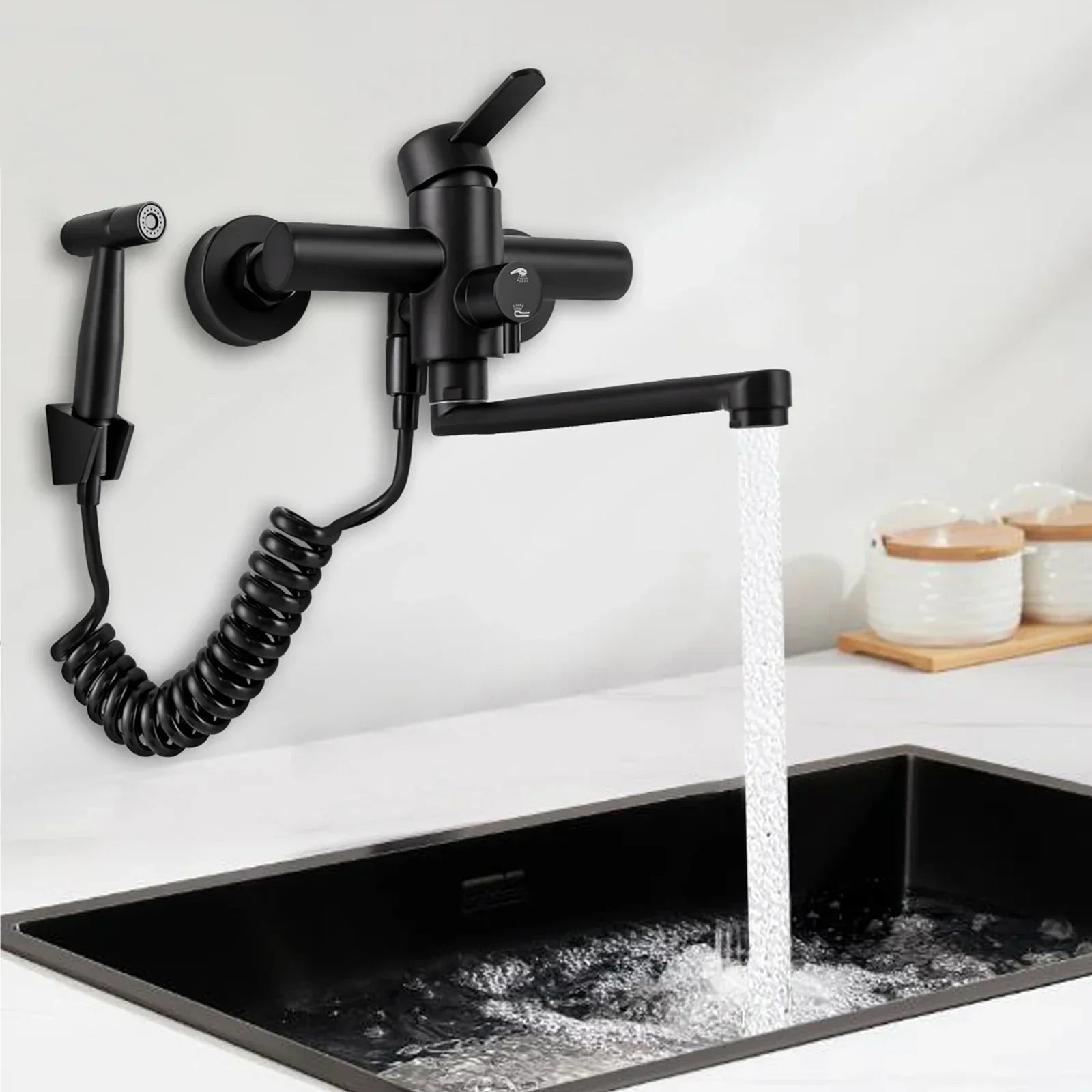 AquaFlex Wall-Mount Kitchen Faucet with Side Sprayer – 360° Swivel, Brushed Stainless Steel