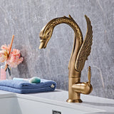 Gold Swan-Shaped Waterfall Bathroom Sink Faucet with Hot and Cold Mixer