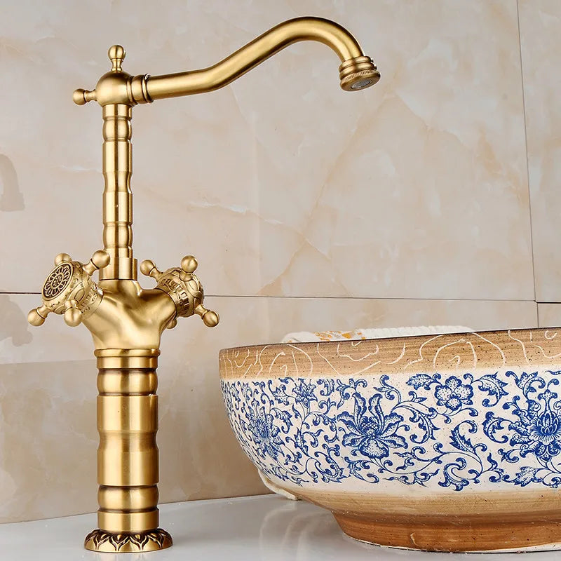 AurelioForge Vintage Etch Brass Faucet – Luxury Engraved Antique Single-Handle Bathroom & Kitchen Sink faucet (Hot & Cold)