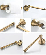 BronzeHaven Vintage Wall-Mounted Bathroom Hardware Set – 3-Piece Antique Brass Collection (Toilet Paper Holder, Towel Ring & Robe Hook)
