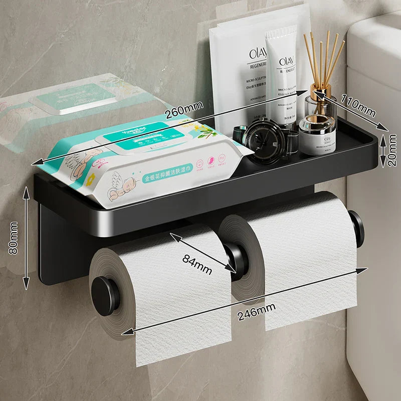 ShelfRoll Aluminum Toilet Paper Holder with Phone Shelf – Wall-Mounted Bathroom Organizer