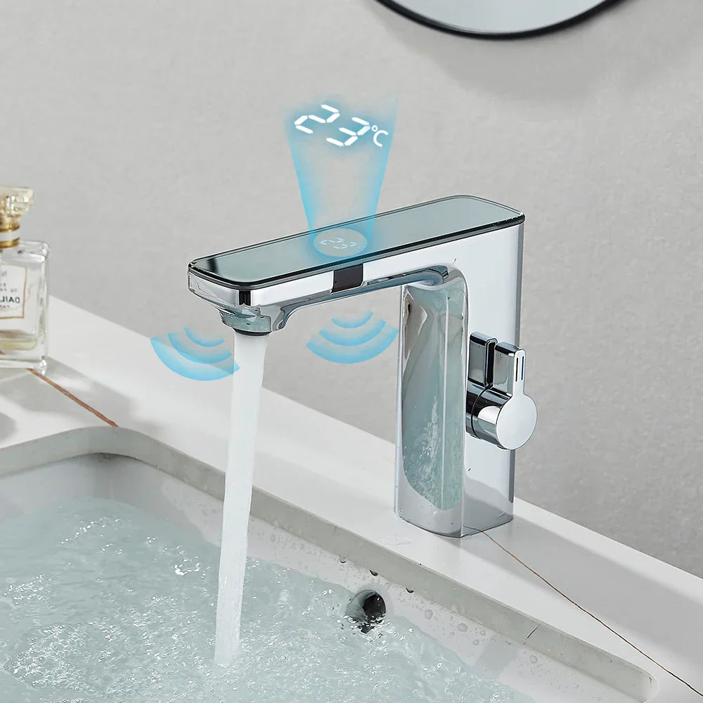 PureSense TouchFree Digital Sensor Faucet – Smart White Motion-Activated Bathroom Sink faucet with LED Temperature Display