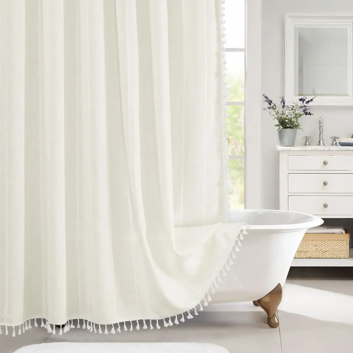 RustiCotton HeritagRustiCotton HeritageWeave Waterproof Shower Curtain – Thick Linen-Look Fabric, Rustic Vintage Beige, Hotel-Style Bathroom PrivacyWeave Waterproof Shower Curtain