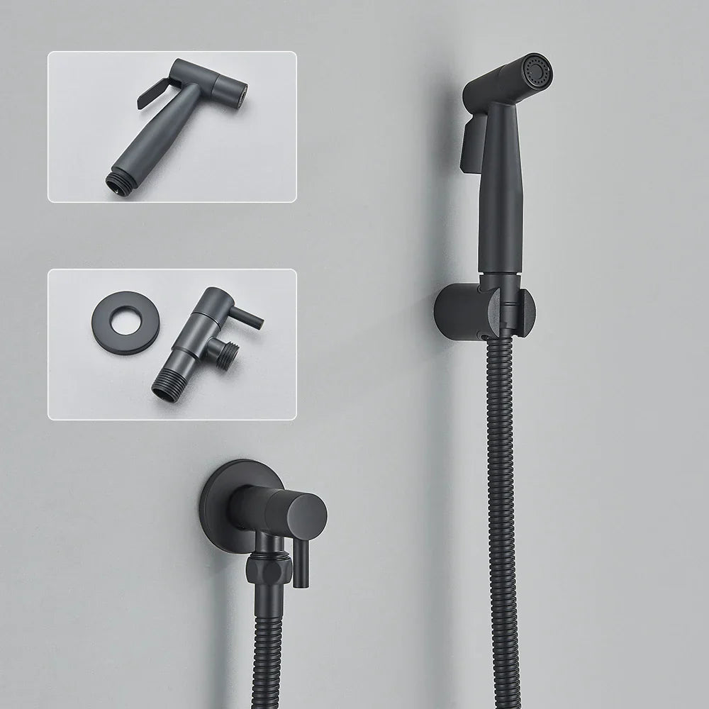 AquaClean Black Bidet Faucet – Stainless Steel Wall-Mounted WC Shower Sprayer (Shattaf Set)