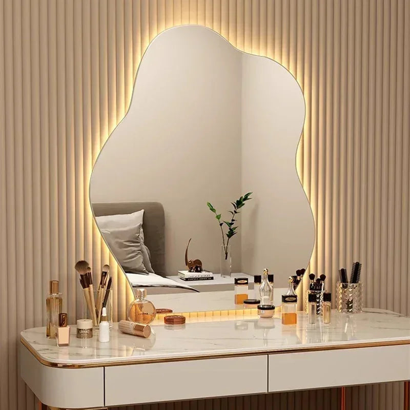 NordiGlow AuraCurve LED Wall Mirror – Scandinavian Irregular Lighted Vanity Mirror for Bathroom, Bedroom & Living Room