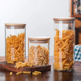 Modern Glass Food Storage Jar Set with Wooden Lids – Airtight Kitchen Containers | Freshness Seal | Multi-Grain Storage