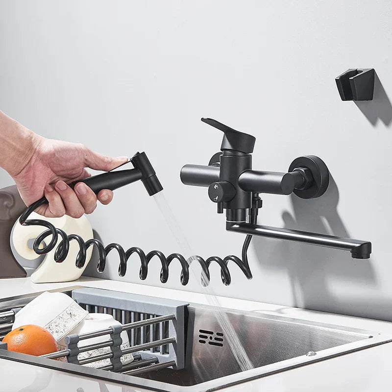 AquaPro DuoJet 360 Wall faucet – Stainless Steel Swivel Kitchen & Bathroom Faucet with Pull-Out Spray