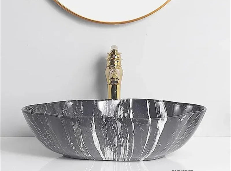 MarbleLuxe Ovalis Vessel Sink – Marble Pattern Ceramic Countertop Bathroom Basin | Modern Luxury 12L