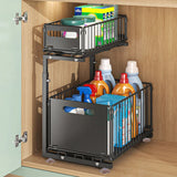 2-Tier Pull Out Kitchen Storage Basket Carbon Steel – Adjustable Under Sink Organizer | Sliding Drawer Rack | Space Saving Design