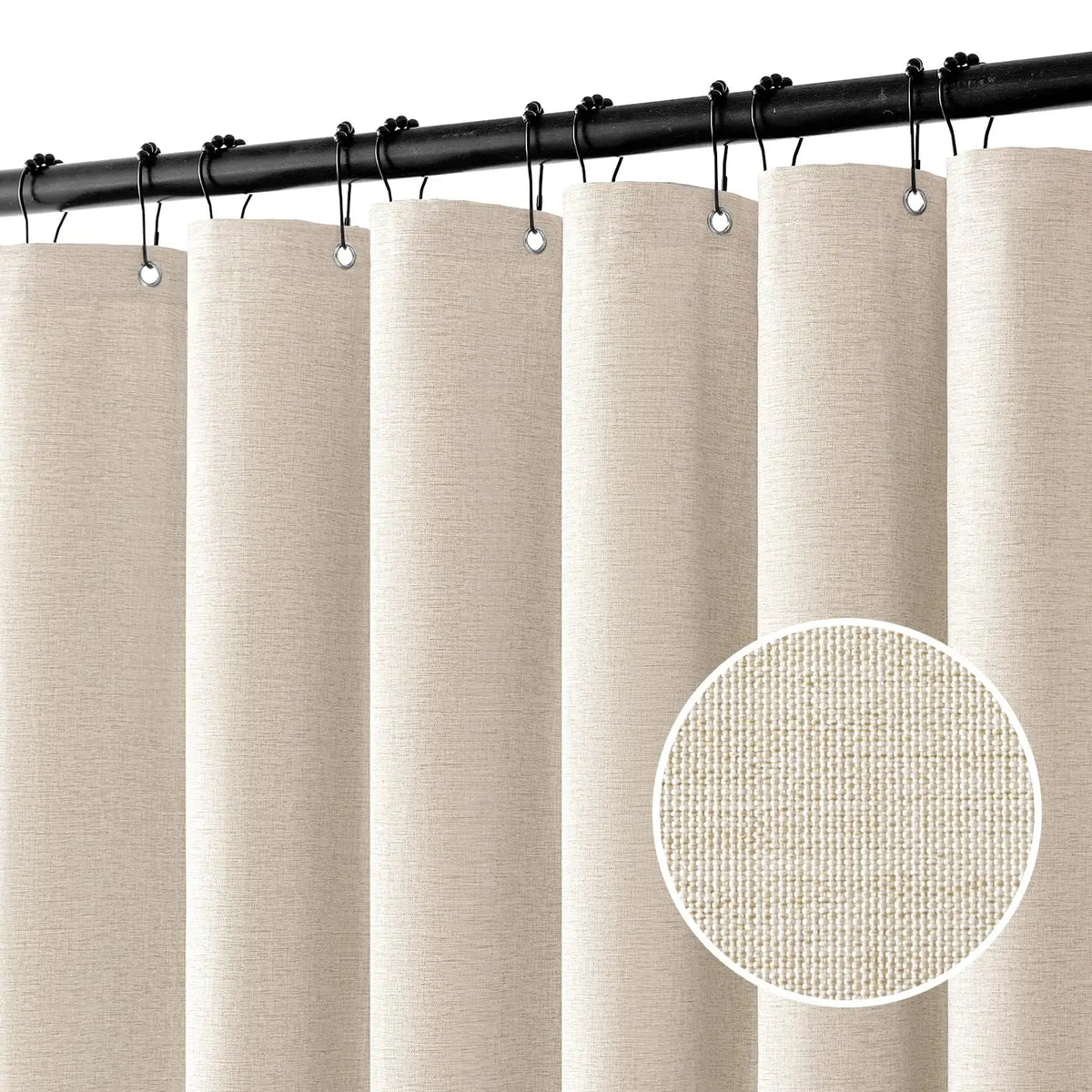 LuxeLinen SpaWeave Waterproof Shower Curtain – Thick Linen-Look Fabric, Hotel-Style Privacy, Beige + Metal Hooks Included