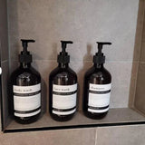 AmberLux 500 Refillable Bathroom Dispenser Set – 3-Piece Amber Pump Bottles for Shampoo, Body Wash & Hand Soap | Modern Luxury Organizer