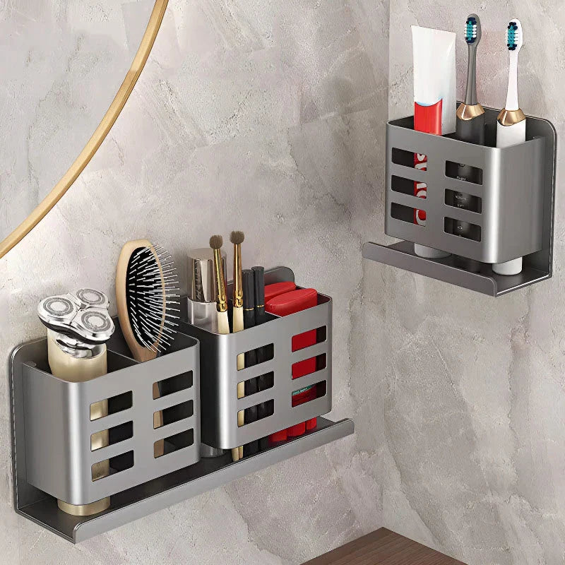 Wall Mounted Bathroom Shelf No Drill Aluminum Organizer – Toothbrush & Razor Holder | Space Saving Storage | Easy Install