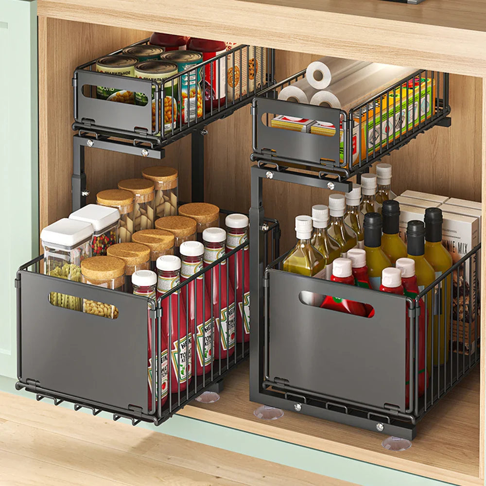 2-Tier Pull Out Kitchen Storage Basket Carbon Steel – Adjustable Under Sink Organizer | Sliding Drawer Rack | Space Saving Design