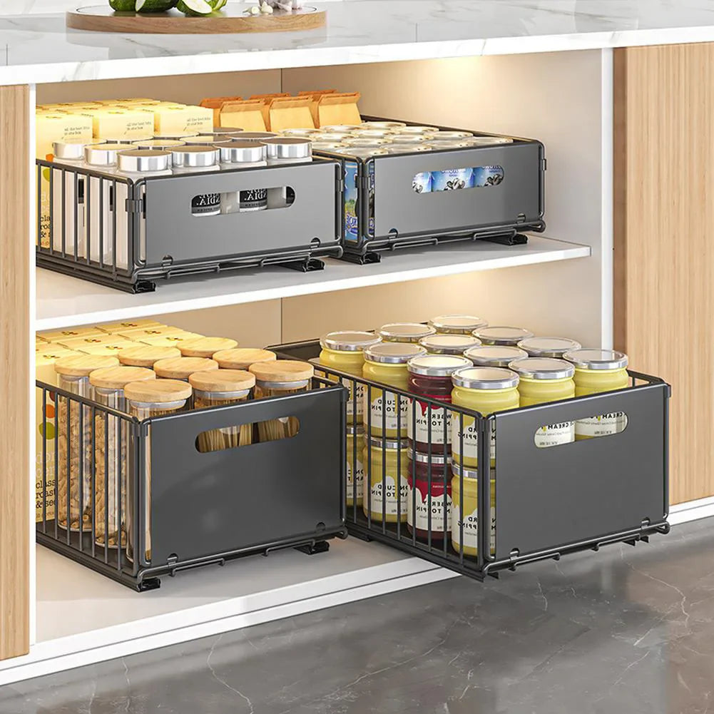 Pull-Out Metal Kitchen Storage Drawer Organizer Set – Sliding Spice Rack Trays | Space Saving Cabinet Storage | Easy Access Design