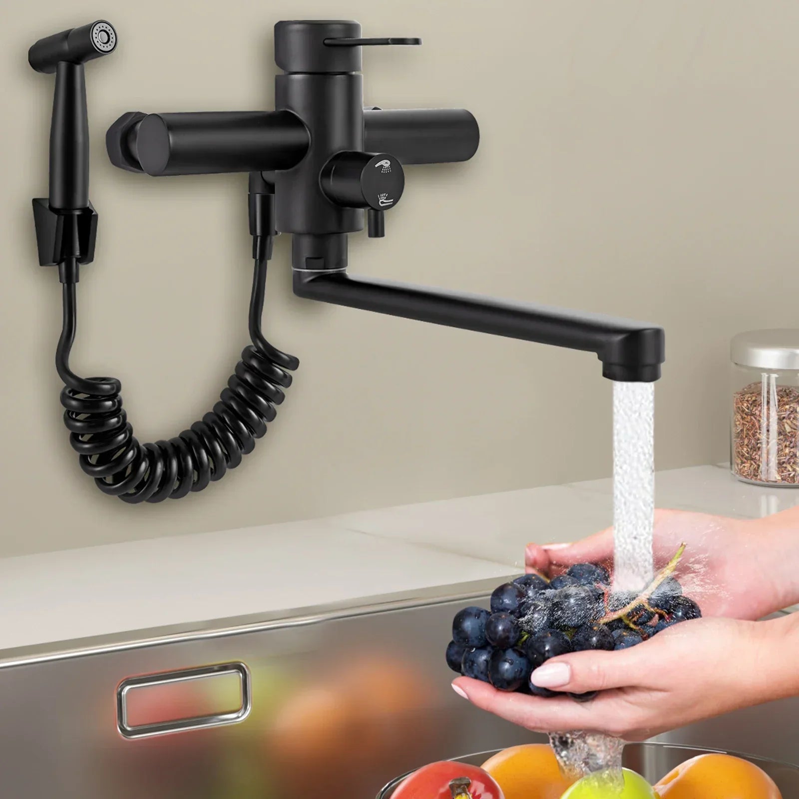 AquaFlex Wall-Mount Kitchen Faucet with Side Sprayer – 360° Swivel, Brushed Stainless Steel