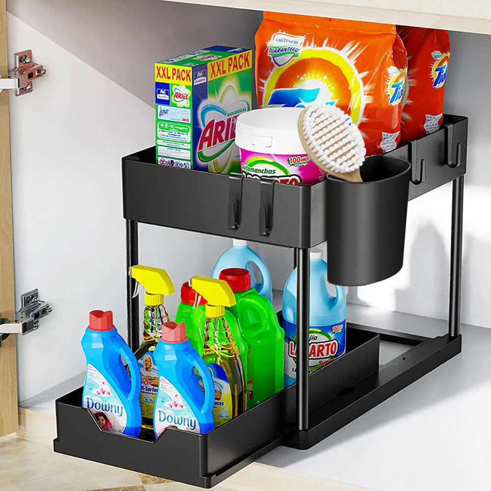 SlideEase 2-Tier Pull-Out Cabinet Organizer – Expandable Under-Sink Storage with Baskets, Hooks & Cup System