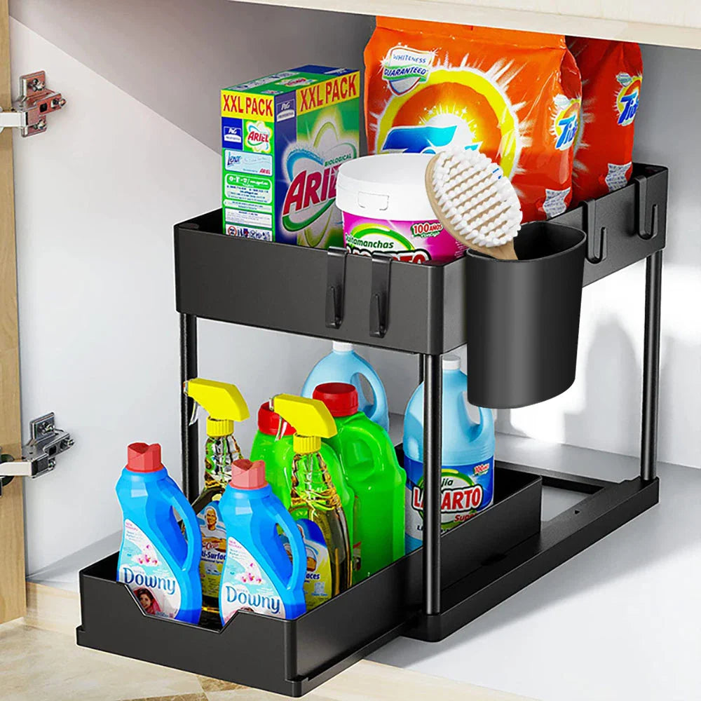 Under Sink Sliding Organizer Rack Premium – Pull Out Cabinet Basket with Hooks | Space Saving Storage | Kitchen & Bathroom Organizer