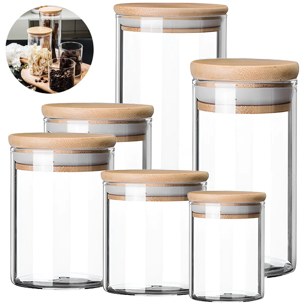 Modern Glass Food Storage Jar Set with Wooden Lids – Airtight Kitchen Containers | Freshness Seal | Multi-Grain Storage