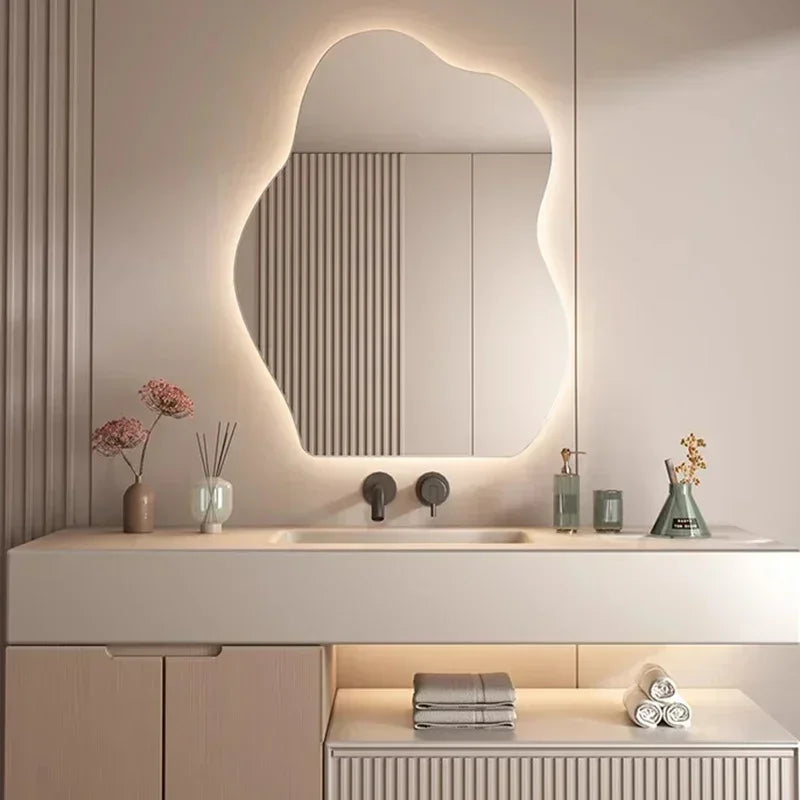 NordiGlow AuraCurve LED Wall Mirror – Scandinavian Irregular Lighted Vanity Mirror for Bathroom, Bedroom & Living Room