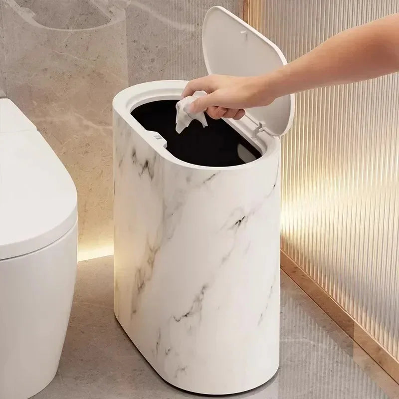 Nordic Marble Texture Wastebasket – Slim Push-Top Trash Can for Bathroom & WC