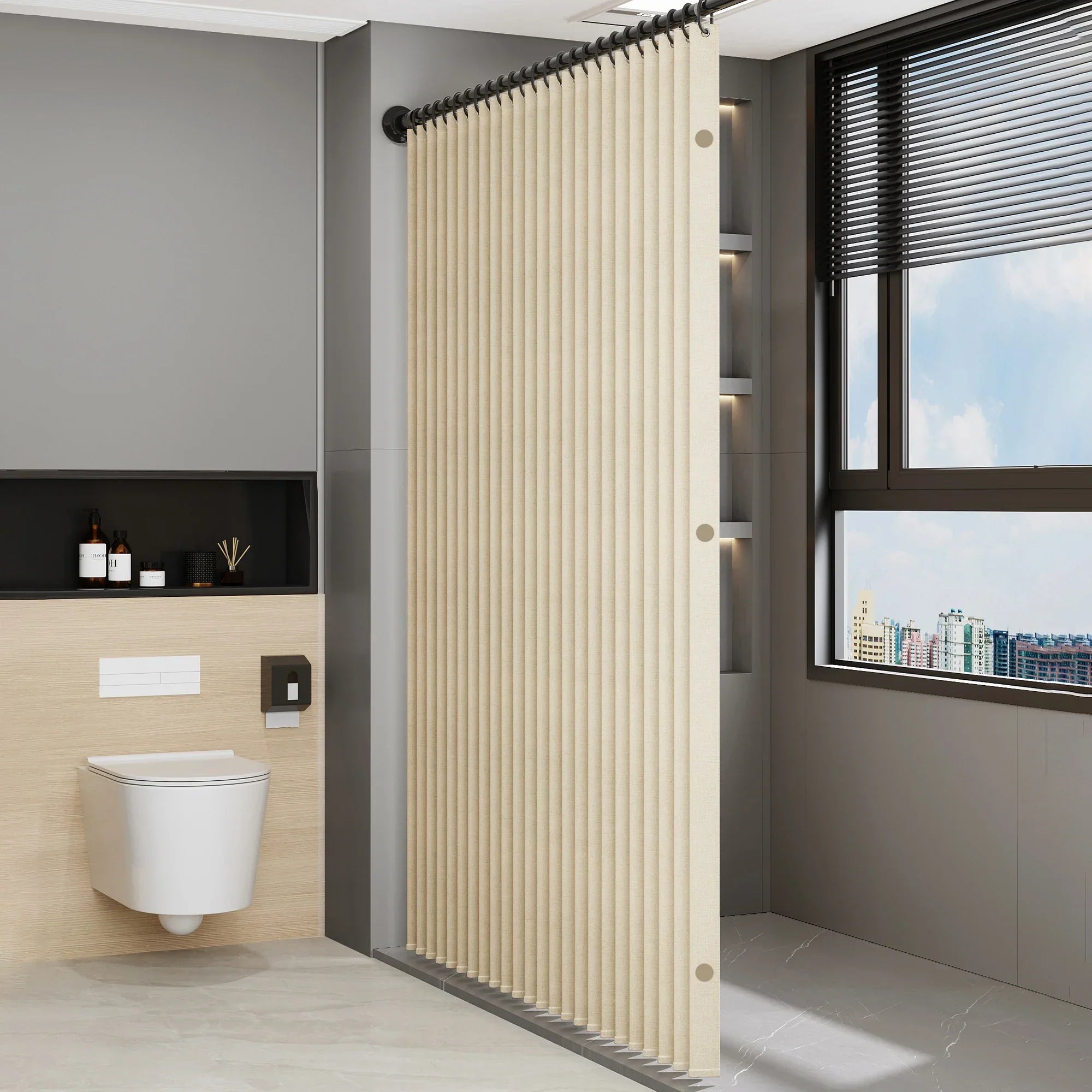 AquaFold Luxe – Foldable Accordion Shower Curtain | Waterproof & Magnetic Closure