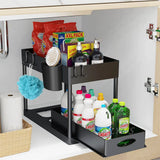 Under Sink Sliding Organizer Rack Premium – Pull Out Cabinet Basket with Hooks | Space Saving Storage | Kitchen & Bathroom Organizer