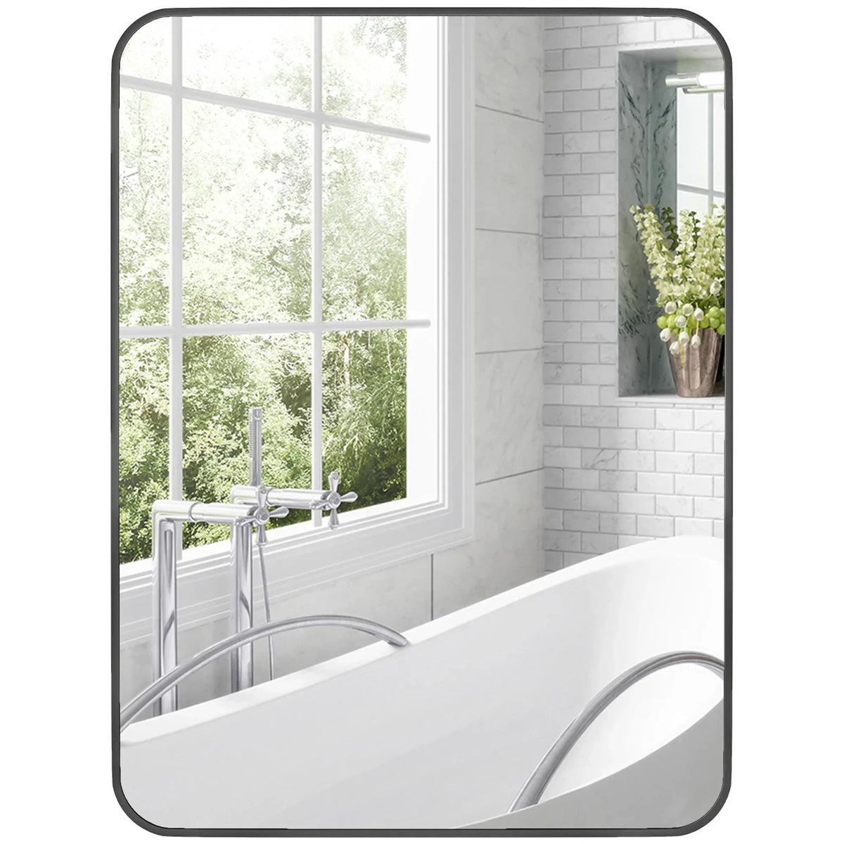 Modern Black Metal Frame Bathroom Wall Mirror – 24 x 32 Inches, Vertical or Horizontal Mount