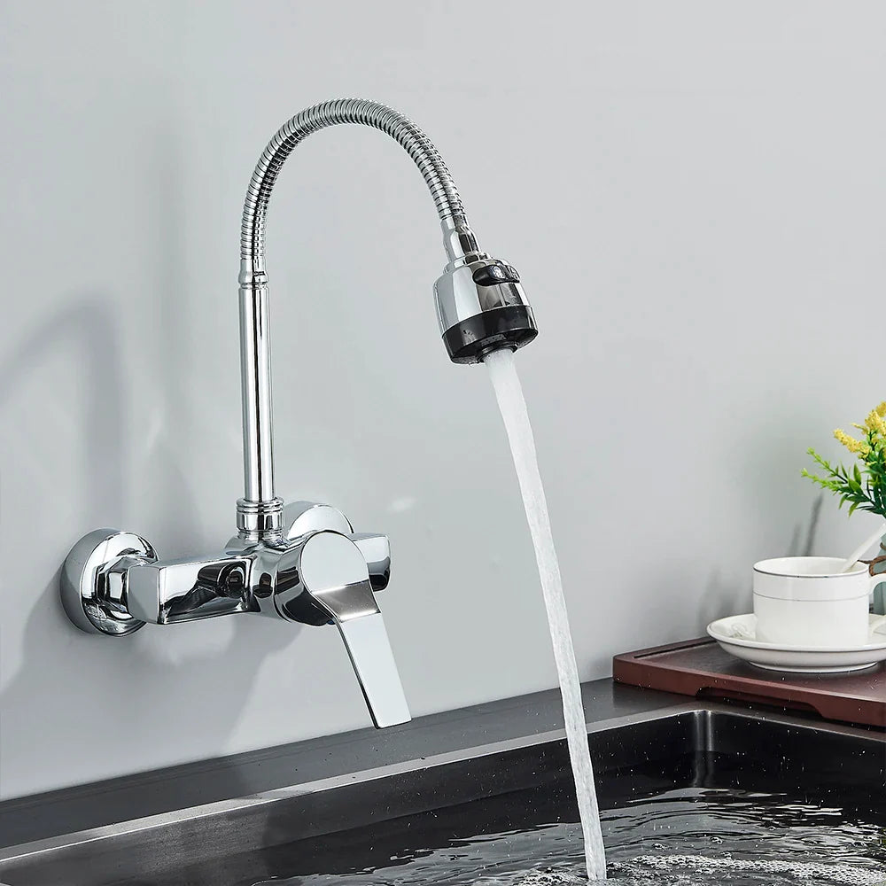 Wall-Mounted Kitchen Faucet with Flexible Spout, 360° Rotation and Dual Spray Function