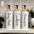 EcoStyle Bamboo Luxe Refillable Soap Dispenser Set – 3-Piece Modern Pump Bottles for Shampoo, Body Wash & Hand Soap