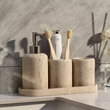AureliaStone Luxury Limestone Bathroom Set – Toothbrush Holder, Soap Dispenser & Tray
