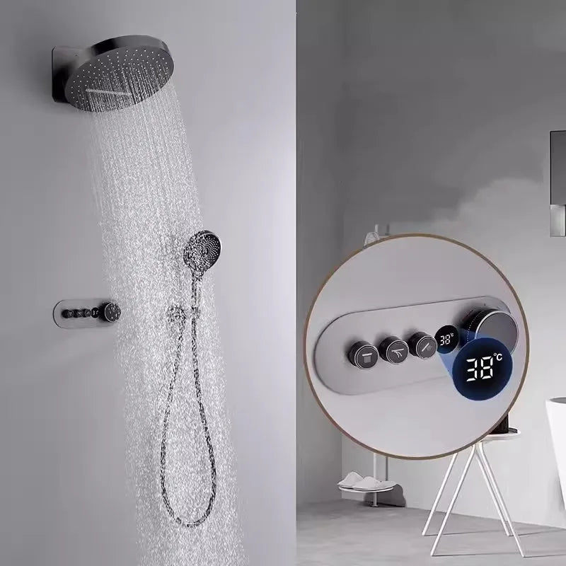 AquaRegal ThermoRain Spa System – 3-in-1 Thermostatic Rainfall Shower Set | Wall Mounted Solid Brass | Brushed Gold or Slate Gray