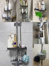Drill-Free Aluminum Shower Caddy Shelf with Towel Bar – Double Layer Bathroom Organizer | Rustproof | Strong Adhesive Mount