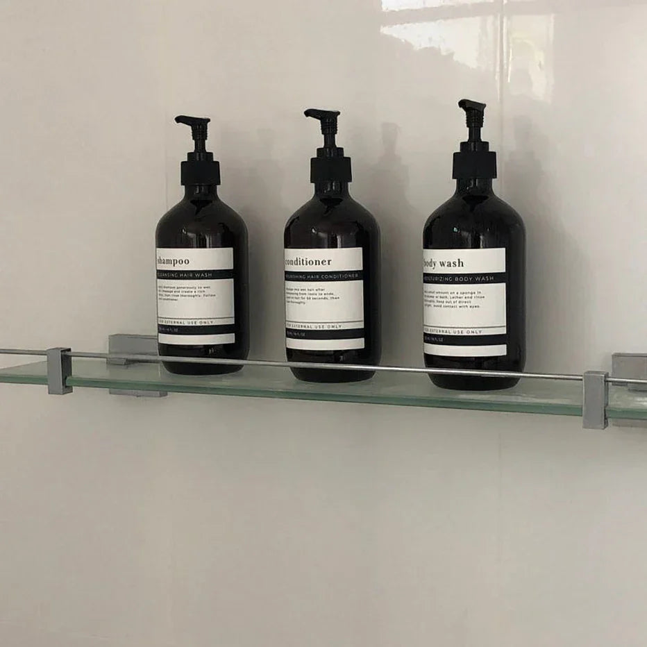 AmberLux 500 Refillable Bathroom Dispenser Set – 3-Piece Amber Pump Bottles for Shampoo, Body Wash & Hand Soap | Modern Luxury Organizer